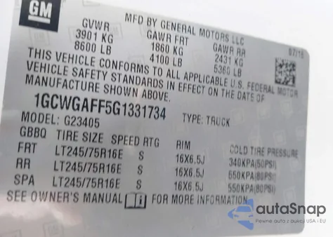 2016 Chevrolet Express 2500 Work Van z USA, uszkodzony, nr VIN 1GCWGAFF5G1331734